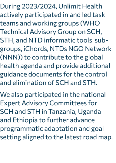 During 2023/2024, Unlimit Health actively participated in and led task teams and working groups (WHO Technical Adviso...