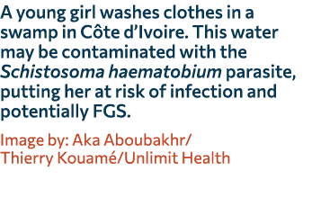 A young girl washes clothes in a swamp in C te d’Ivoire. This water may be contaminated with the Schistosoma haematob...